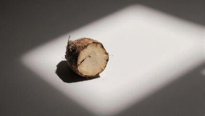 Single slice of yam root on white surface with light and shadow.