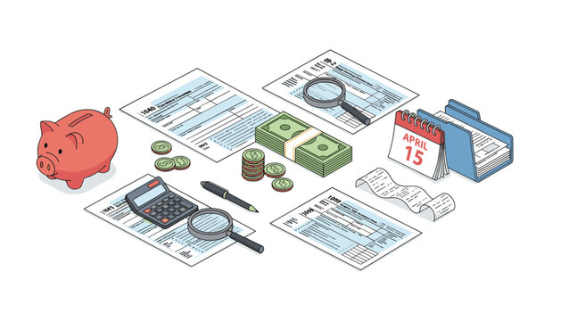 Tax forms, money, and financial elements arranged for filing and accounting, representing personal finance and business, in a colorful hand-drawn isometric vector on a clean white background.