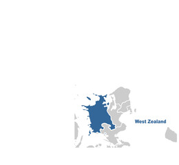 Obraz premium West Zealand map showing highlighted location in Europe.