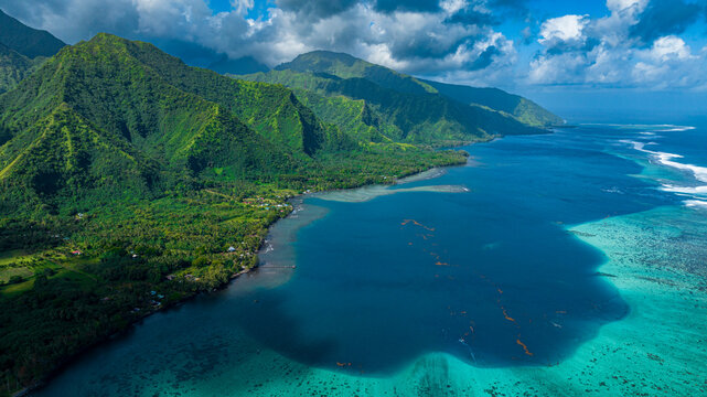 Aerial view of Tahiti Iti coastline and mountains French Polynesia