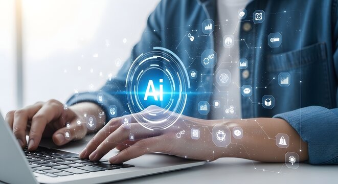 Person typing on laptop with ai and data visualization overlay