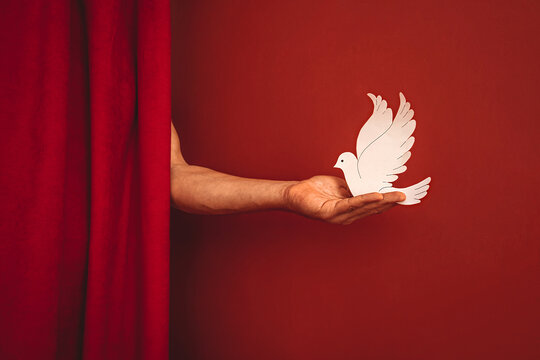 Hand holding dove of peace symbol against red background with curtain