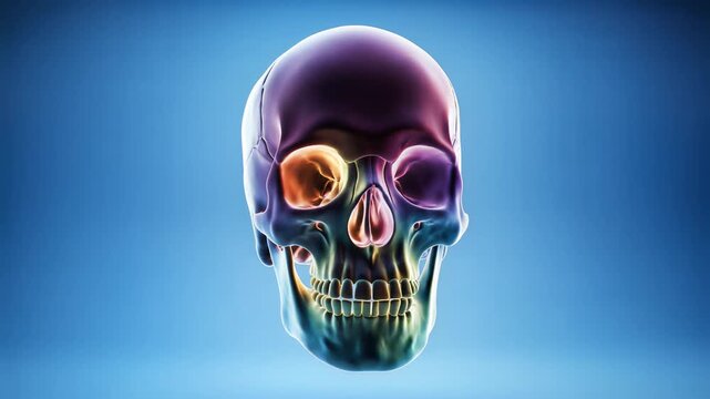 Colorful human skull on blue background with vibrant reflections.