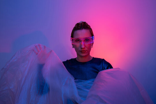 Futuristic portrait with neon lighting and creative technology style