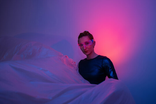 Futuristic portrait with neon lighting and cyberpunk creative style