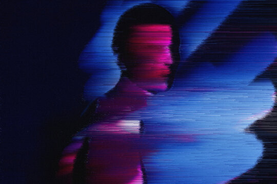 Woman avatar with glitch effect in virtual reality metaverse concept