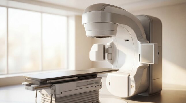 Advanced medical linear accelerator or radiation therapy machine in a modern hospital room. Concept of oncology treatment for cancer patient.
