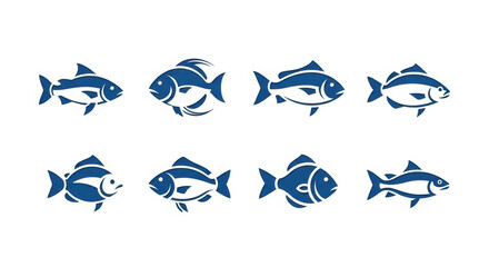 Obraz premium Set of blue fish icons on white background