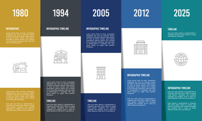 Brochure showcasing 5 year business plan, complete with years and icons to indicate key events. Vector illustration.