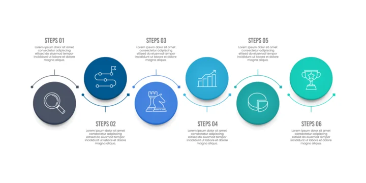 6 Steps circle and curve horizontal infographic design for your business data. Presentation, Timeline, Workflow, Marketing and Strategy. Vector illustration.