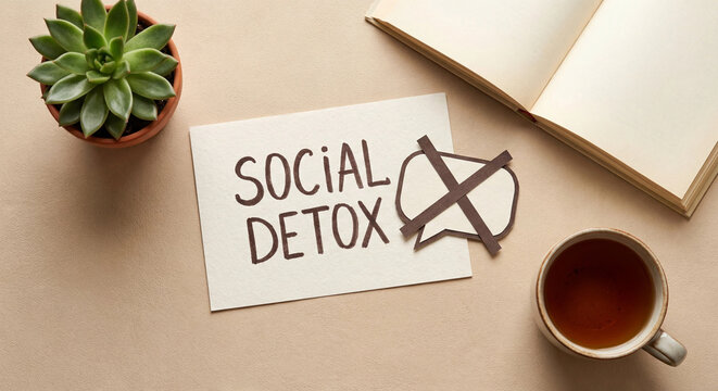 Social detox and digital wellbeing concept encouraging intentional reduction of social media usage and screen time to restore mental clarity personal focus and authentic daily living