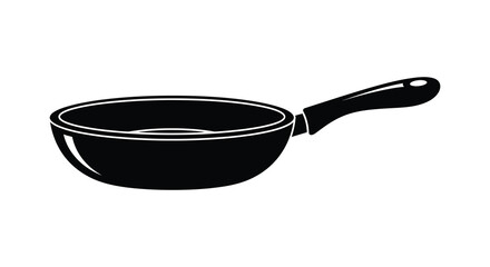 A stark black silhouette of a frying pan stands out against a white background showcasing a simple kitchen essential silhouette © Pvect02