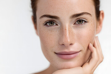 A woman with a beautiful face is touching healthy facial skin, while a beautiful girl model with natural makeup is touching glowing hydrated skin on a white background.