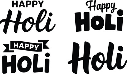 A set of four creative Happy Holi typography designs featuring handwritten brush lettering and modern calligraphy elements in black ink for Indian festival of colors celebration © Nayan
