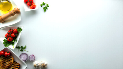 Fresh ingredients and herbs arranged on a light background