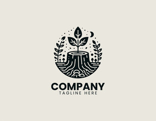 Obraz premium Sprouting plant from tree stump with forest elements in clean modern vector illustration style