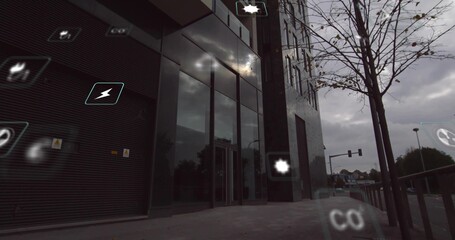 Showing modern office building facade reflecting overcast sky on sidewalk, with floating AR icons © vectorfusionart