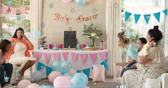 Smiling mom-to-be in white dress orange cardi holding bump at home baby shower cupcakes, copy space