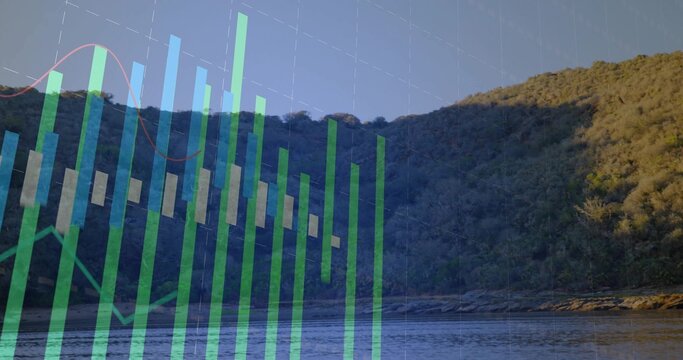 Projecting translucent financial chart over river and tree-covered hillside, with candlesticks