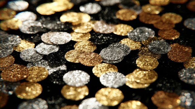 Scattered Metallic Gold and Silver Confetti Pieces Creating a Festive and Luxurious Background