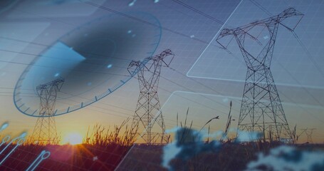 Silhouetting three steel pylons and power lines amid tall grasses at sunset, showing radar overlays