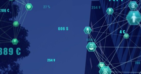Showing teal hexagonal network nodes overlaying facade and tree with icons, price tags, copy space