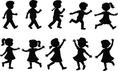 Obraz premium Children, silhouettes, collection, kids, playing, running, jumping, dancing, walking, childhood, fun, activity, boys, girls, playful, movement, people, isolated, set, concept