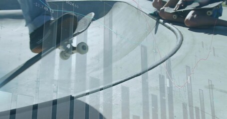 Launching midair skateboard, skaters' shoes steadying board at skatepark bowl, with chart overlay