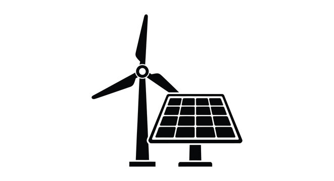 A graphic depiction of a wind turbine and solar panel representing renewable energy sources in silhouette high quality professional