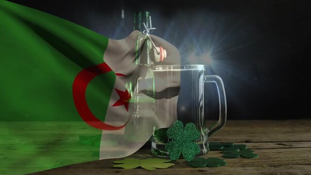 Flag of Algeria entering left and sweeping right, rippling and revealing glass mug, bottle, lights