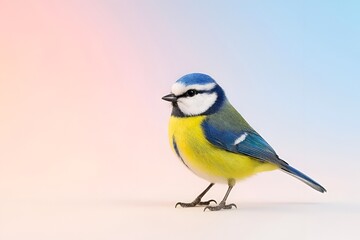 Fototapeta premium Colorful small bird on pastel gradient background, minimal wildlife concept