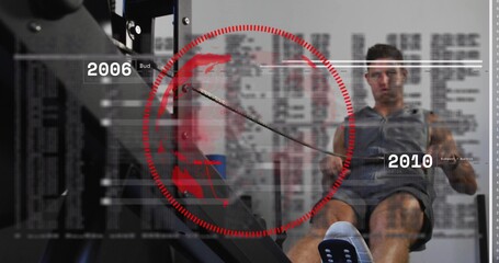 Rowing man in gray hoodie and shorts gripping handle on seated rower at gym, red HUD © vectorfusionart
