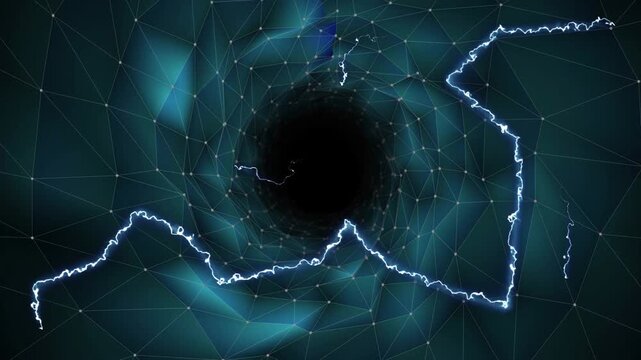 Electric arcs appearing from left tracing jagged paths into central void, looping and showing depth
