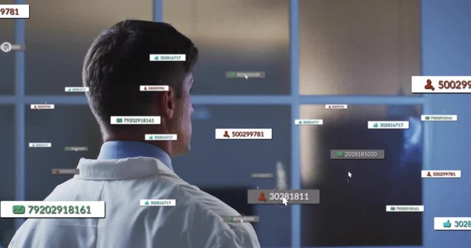 Clinician in lab coat raising arm pointing at glass grid selecting IDs organizing animating icons