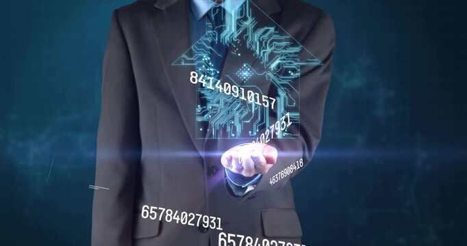 Man bringing hand out opening palm, numbers converging into circuit arrow showing finance growth