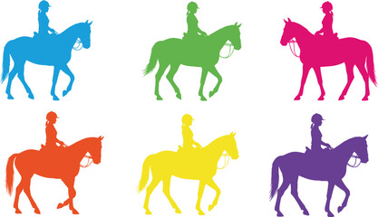 Colorful horse rider silhouettes in various poses and colors blue