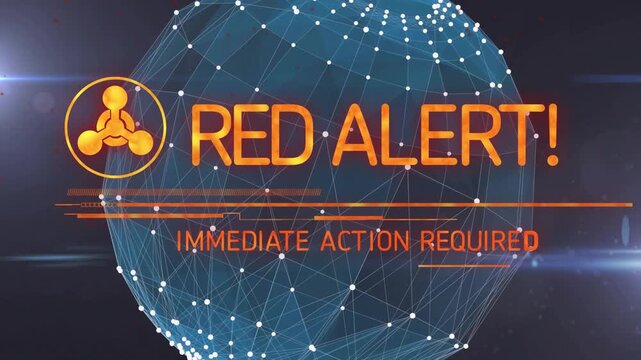 Alert signal initiating orange badge and teal globe rotating, headline scaling, demanding action