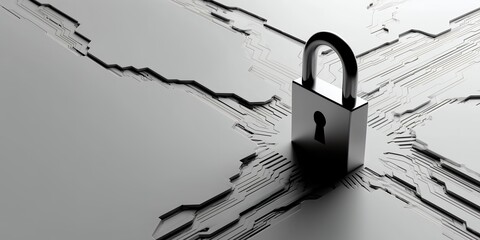 Padlock securing network connections in abstract digital landscape