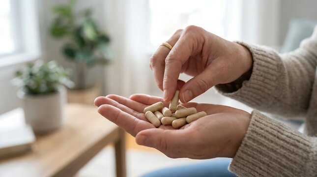 A person's hands are shown gently picking up a handful of beige-colored pills and capsules from an open palm, implying self-medication or vitamin intake.