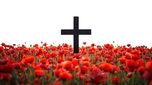 A solemn black cross stands amidst a vibrant field of red poppies.