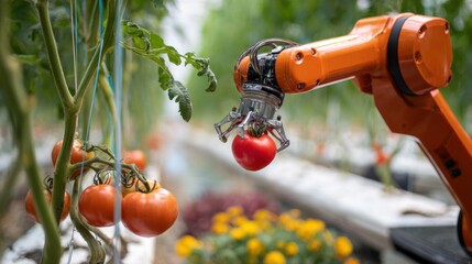 automated greenhouse tomato harvest with robotic arm picking ripe tomatoes in hydroponic vertical farming system