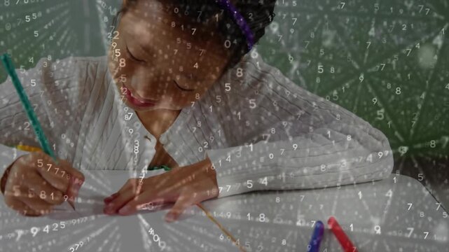 Student focusing on book holding paper sketching for learning numeric overlay rotating over scene