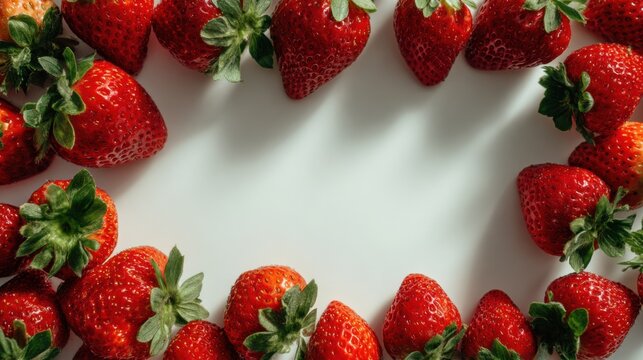 Fresh ripe strawberries arranged as a bright strawberry background with natural shadows and green leaves for food packaging and design