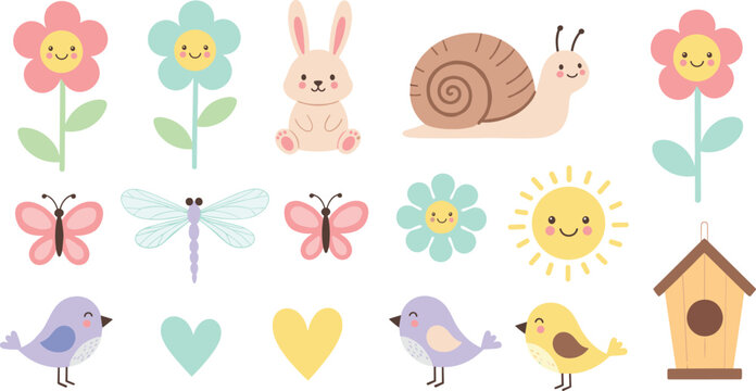 Cute spring garden icon set with bunny snail birds flowers sun and butterflies flat vector illustration collection