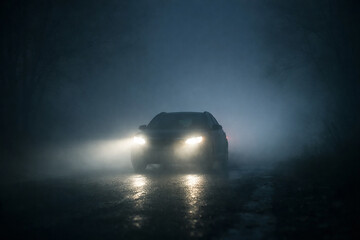 Naklejka premium A car drives through a dark and foggy road with its headlights on