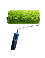Green paint roller with a plastic handle for wall painting Isolated on transparent or white, Cut out