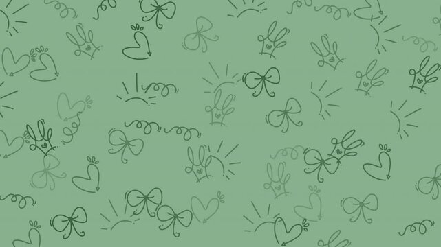 Whimsical illustration pattern filled with bunnies, bows, hearts, suns, and squiggles. Perfect for childrens books, greeting cards, or prints.