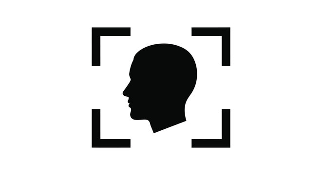 A stark minimalist depiction of a human head framed by square brackets creating a focus on the profile silhouette