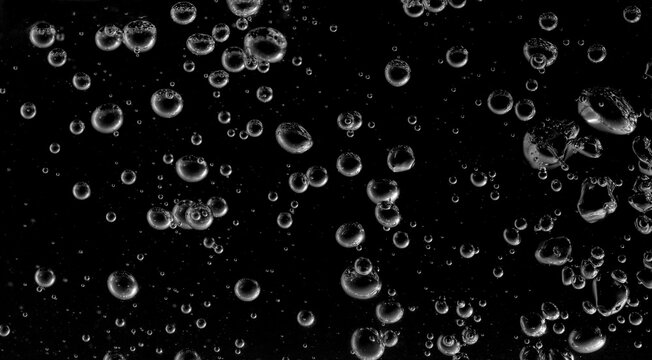 Transparent bubbles float on a black background, creating an abstract underwater surface. Ideal for design work, it can be used as a background, overlay, or illustration.
