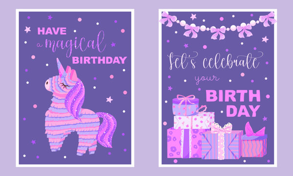 Cartoon unicorn birthday greeting cards collection. Magic posters with colorful presents, bows and confetti. Cute printable templates with lettering for children celebration, party invitation